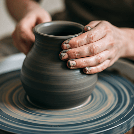 Close up of artist hands shaping a dark ceramic vessel